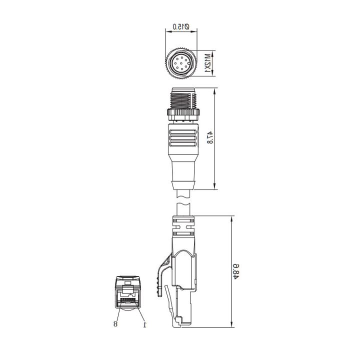 M12 8Pin 公头直型转RJ45公头直型、双端预铸TPE柔性电缆、带屏蔽、蓝色护套、Ethernet Cat5e、0C4461-XXX