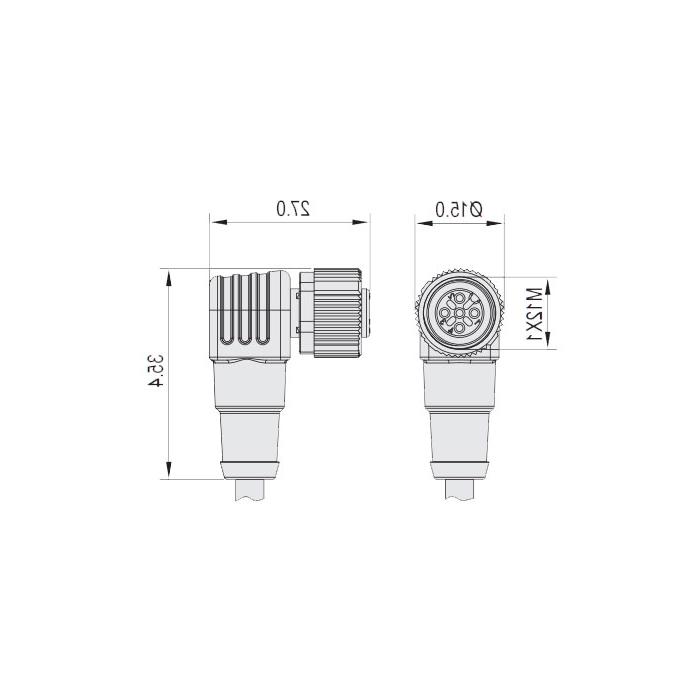 M12 4Pin、母头90°、单端预铸电缆、防焊渣PUR材质、橙色护套、64T063-XXX