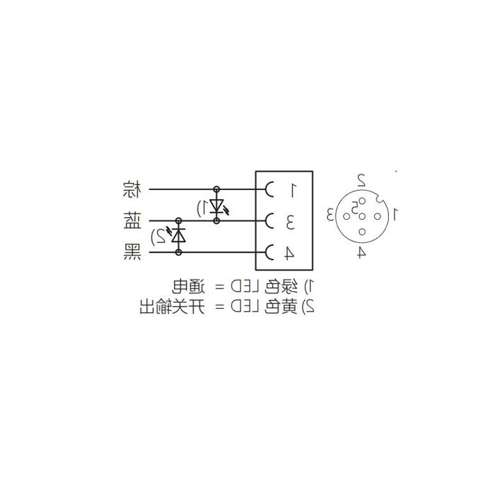 M12 3Pin、母头90°、带LED灯、单端预铸电缆、防焊渣PUR材质、黄色护套、64T021-XXX